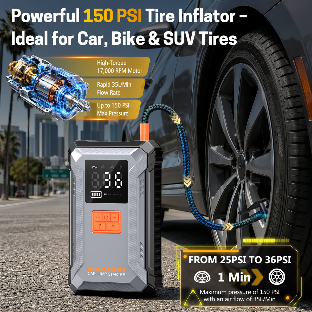 Portable Jump Starter with Air Compressor 3000A 12V 150PSI Tire Inflator