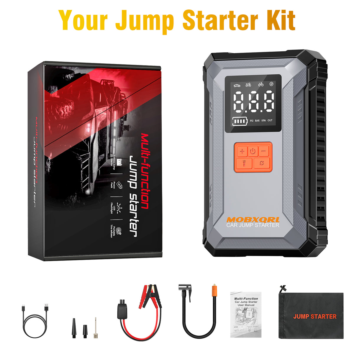 Portable Jump Starter with Air Compressor 3000A 12V 150PSI Tire Inflator