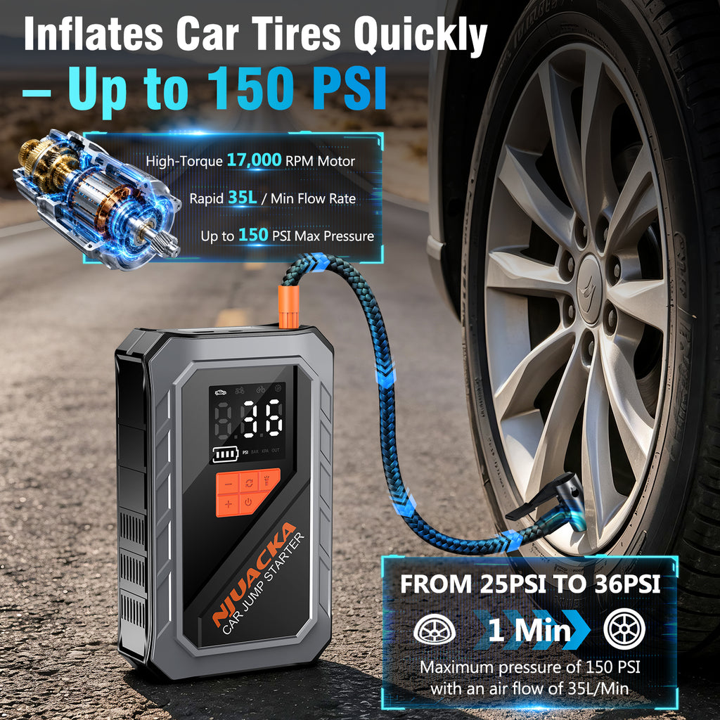 Car Jump Starter with Air Compressor 3000A 12V 150PSI Tire Inflator