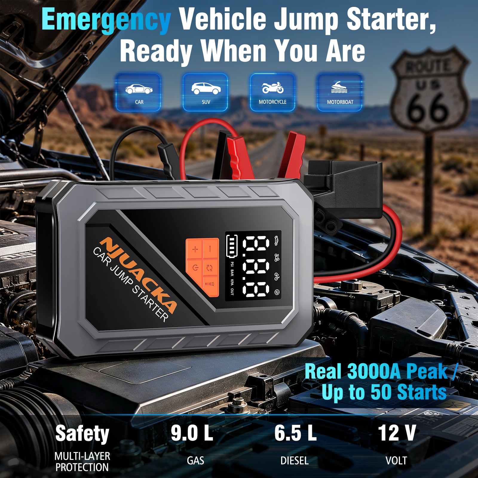 Car Jump Starter with Air Compressor 3000A 12V 150PSI Tire Inflator