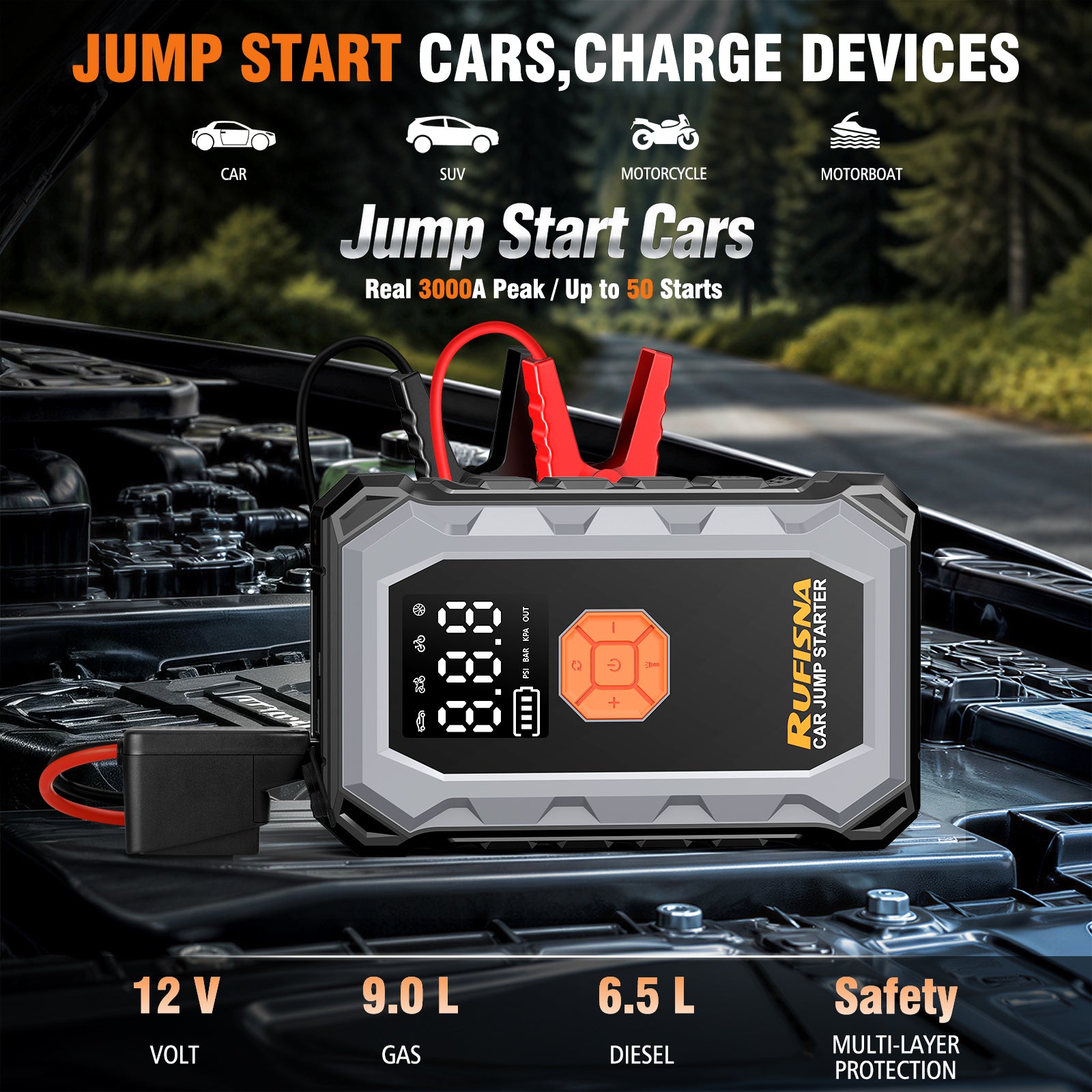 Car Jump Starter with Air Compressor 3000A 12V 150PSI Tire Inflator