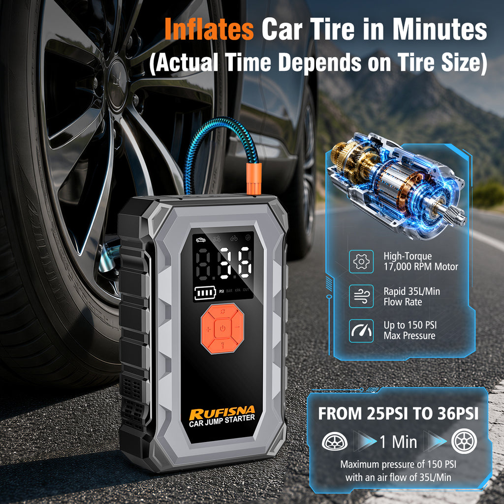 Car Jump Starter with Air Compressor 3000A 12V 150PSI Tire Inflator